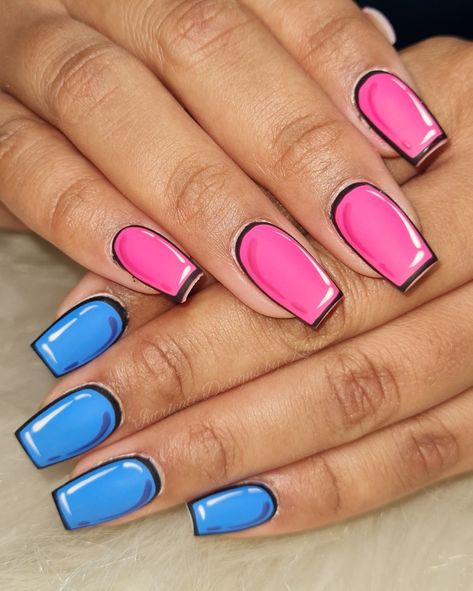 Pop art nails / Cartoon Nails / Acrylic Nails / Coffin shaped nails / Nail Art Blue Comic Nails, Cartoon French Tip Nails, Tv Show Inspired Nails, 80s Theme Nails, Pop Art Nails Designs Simple, 80s Inspired Nails, Pop Art Nails Designs, 1950s Nails, Cartoon Nails Acrylic