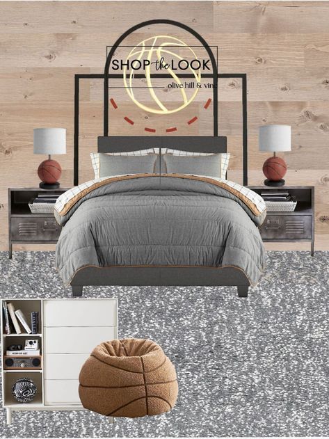 A basketball-themed bedroom design featuring a large court decal on the floor, a hoop-inspired table lamp, and a cozy beanbag chair in the corner. A locker-style bedside table adds storage, while a sleek modern panel bed with a reversible comforter completes the sporty yet stylish look. Boys Basketball Bedroom Ideas, Girls Sports Bedroom, Locker Bedside Table, Boys Basketball Bedroom, Basketball Themed Bedroom, Basketball Bedding, Boy Sports Bedroom, Basketball Bedroom, Modern Panel