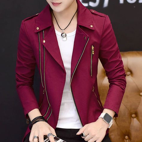 Fashion Leather Jacket, Jacket Korean, Slim Fit Coat, Motorcycle Clothing, Fall Winter Coat, Trendy Outerwear, Mens Suit Jacket, Leather Jacket Style, Pu Leather Jacket