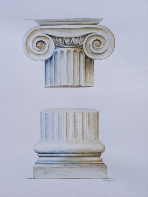 Stately Ionic column from Classical Greek architecture captured in watercolour. Reminiscent of Victorian engravings of architectural details, this painting would look good in both modern and traditional homes. Light and airy, the stone is delicately coloured in shades of warm ochres and cool blues. A matching pair of this column is available in the Corinthian column (see separate listing). Greek Column Drawing, Greek Architecture Painting, Painting Ideas Architecture, Greek Collums, Ionic Column Sketch, Greek Inspired Art, Ionic Column Drawing, Greek Columns Drawing, Column Watercolor