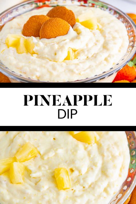 Two image collage of pineapple dip. First image is the dip with a few cookies in it. Second image is a bowl of dip. Poolside Hawaiian Dip, Pineapple Cream Cheese Dip, Pineapple Dip Recipe, Hawaiian Dip, Coconut Dip, Sweet Potato Dip, Dish Sides, Pineapple Dip, Recipes Deserts