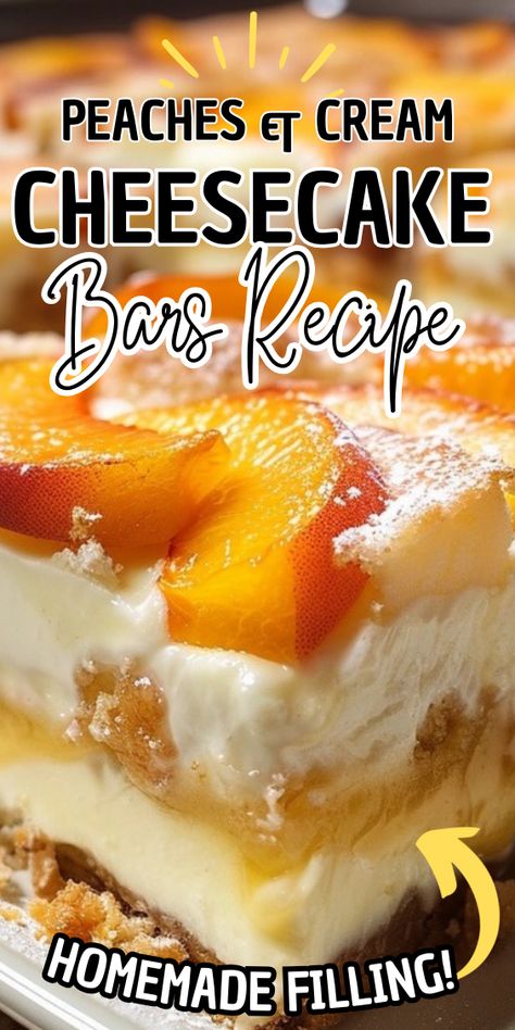 Peaches and Cream Cheesecake Bars Peach Pie Cheesecake Bars, Peaches And Cream Bars, Peaches And Cream Cheesecake Bars, Peach And Cream Cheese Dessert, Peach Cheesecake Bars, Peaches And Cream Cheesecake, Cookout Dessert, Peaches And Cream Recipe, Peaches And Cream Dessert