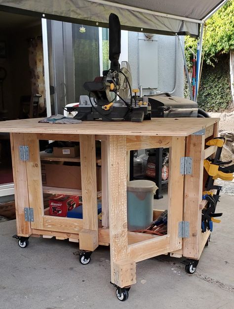 Folding Saw Table, Drop Leaf Work Bench, Workbench On Wheels Diy, Diy Folding Workbench, Moveable Workbench, Foldable Work Bench, Compact Workbench, Adjustable Work Bench, Collapsible Workbench