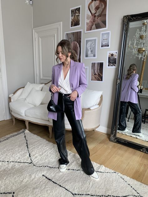 wear-purple-blazer Purple Office Outfits Women, Lavender Trousers Outfit, Lavender Blazer Outfit, Lilac Blazer Outfit, Blazer And Leather Pants, Black And Purple Outfit, Purple Blazer Outfit, Purple Pants Outfit, Blue Pants Outfit