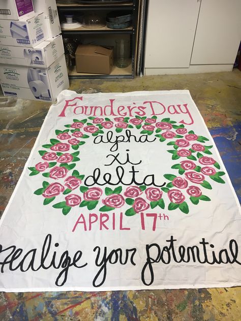 Founder’s Day Banner Sorority Sorority Philanthropy Banner Ideas, Founders Day Banner, Sorority Door Decorations, Sorority Founders Day, Sorority Sheet Banners, Family Day Banner Sorority, Sleepover Sorority Banner, Floral Sorority Banner, Family Weekend Sorority Banner