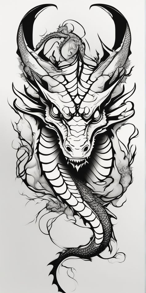 A minimalist black and white dragon tattoo design, sketched on a blank canvas. The dragon is rendered in simple, sleek lines, embodying a modern, minimalist aesthetic. Japanese Dragon Line Art, Dragon Doodle Art, Dragon Tattoo Sketch Simple, Black And White Dragon Tattoo, Dragon Calf Tattoo, White Dragon Tattoo, Dragon Black And White, Dragon Tattoo Realistic, Dragon Line Art