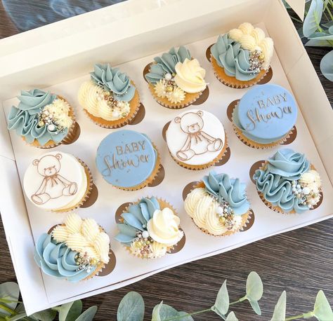 Baby Boy Dessert Table, Baby Boy Cupcake Ideas, Baby Shower Cupcakes Boy, Baby Shower Boy Cupcakes, Cupcake Trends, Blue Baby Shower Cupcakes, Teddy Cupcakes, Baby Boy Shower Cupcakes, Baby Shower Macarons