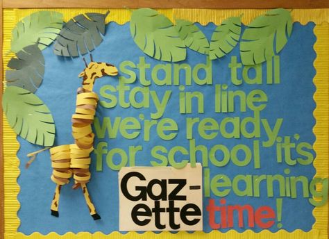 Giraffe Theme Classroom, Giraffe Bulletin Board Ideas, Giraffe Classroom Door, Giraffe Decorations For Classroom, Welcome To The Jungle Bulletin Board, Giraffes Cant Dance Bulletin Board, Library Boards, School Kindergarten, Teacher Assistant