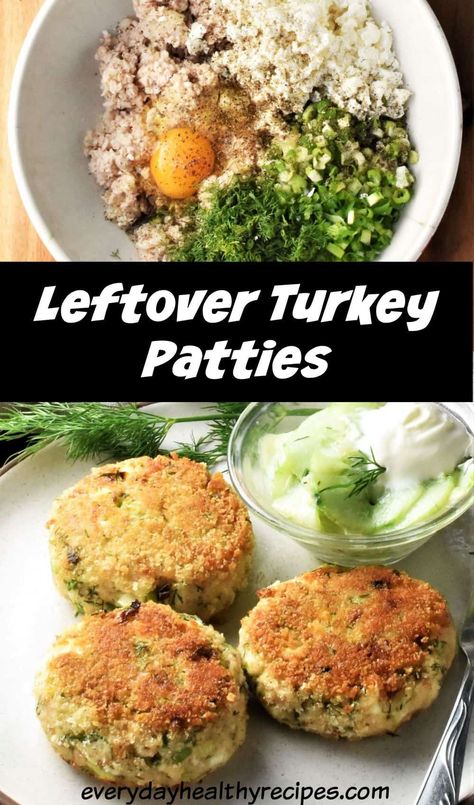 Turkey patties ingredients in bowl and 3 breaded patties on plate. Turkey Patty Meal Ideas, Turkey Patties Recipe, Potatoe Patties Recipe, Turkey Dinner Leftover Ideas, Recipes Using Leftover Turkey, Turkey Fritters, Turkey Cakes, Turkey Potato, Christmas Leftovers Recipes