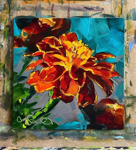 Marigold Painting, Canvas Painting Flowers, Marigold Art, Small Canvas Painting Ideas, Art Challenges, Small Canvas Paintings, Acrylic Painting Flowers, Cross Art, Painting Flower