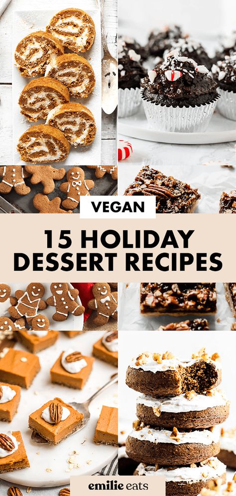 These 15 vegan holiday dessert recipes are the perfect sweet treats to celebrate the season. Bake a few to share with your loved ones! Cheap Vegan Desserts, Vegan Christmas Treats Easy, Vegan Christmas Baking Recipes, Vegan Desserts Christmas, Christmas Vegan Recipes, Vegan Desserts Easy, Christmas Snacks Savory, Vegan Christmas Treats, Vegan Christmas Cookies Recipes