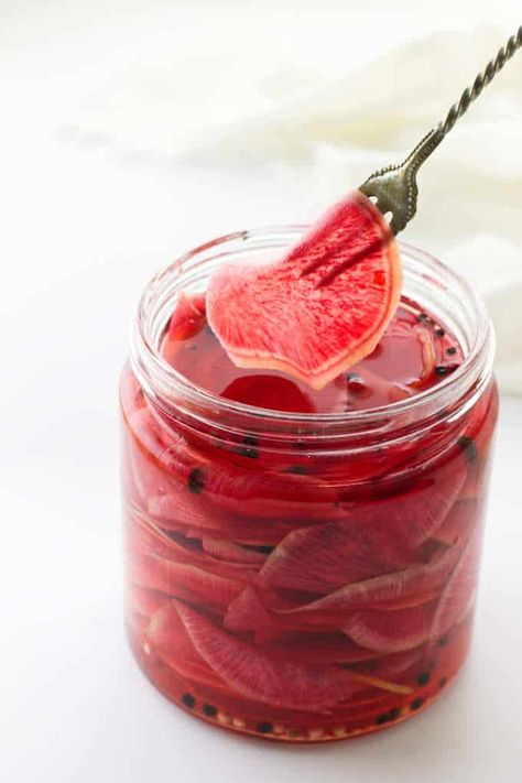 This recipe for refrigerator pickled watermelon radish is delicious and easy, and only takes 30 minutes. Pickled watermelon radish has a mild, zesty spiciness with the perfect amount of crunch and flavor. Radish Pickle Recipe, Watermelon Radish Recipe, Radish Pickle, Pickled Watermelon, Watermelon Pickles, Watermelon Radish, Radish Recipes, Pickle Recipe, Refrigerator Pickles