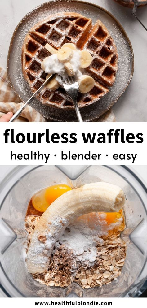 These delicious 6 ingredient flourless banana oat waffles are soft and fluffy on the inside with nice crispy edges. No flour is needed for these homemade waffles - it's hard to tell they are gluten free and healthy! Rolled Oat Waffles, Gluten Free Oat Waffles, Banana Waffles 3 Ingredient Keto, Gluten Free Healthy Waffles, Healthy Waffle Breakfast, Oats Waffles Recipe, Healthy Oatmeal Waffle Recipe, Vegan Waffles Banana, Healthy Blender Waffles