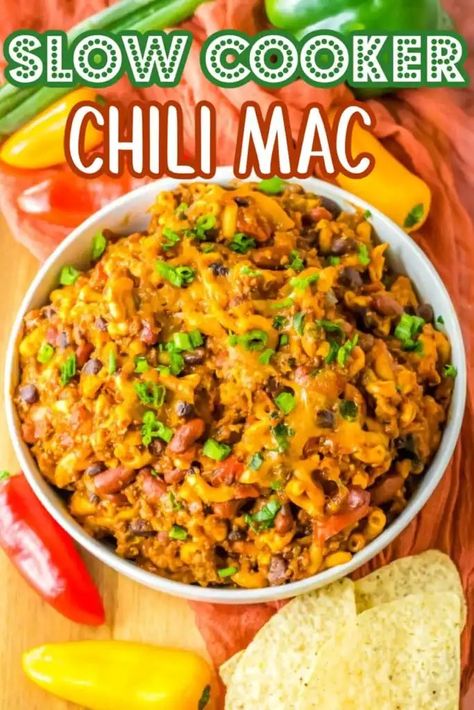 Slow Cooker Chili Mac - Life With The Crust Cut Off Chili Mac Crockpot, Mac N Cheese Crockpot, Chilli Mac, Slow Cooker Chili Mac, Freezing Peppers, Chili Mac Recipe, Chili Mac And Cheese, Hearty Chili, Chili Mac