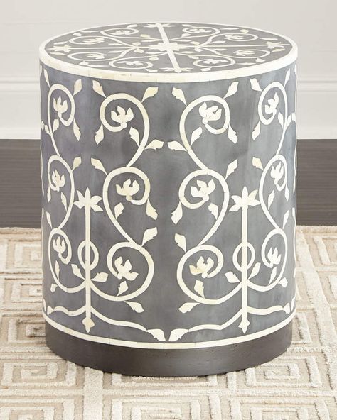 Arteriors Julia Bone Inlay Side Table Handcrafted side table of resin and bone. Bone and finish may vary. #ad #table #decor # Inlay Side Table, Bone Inlay Side Table, Bone Inlay Furniture, Inlay Furniture, Drum Table, Indian Furniture, Round Stool, Round Flower, Lotus Design