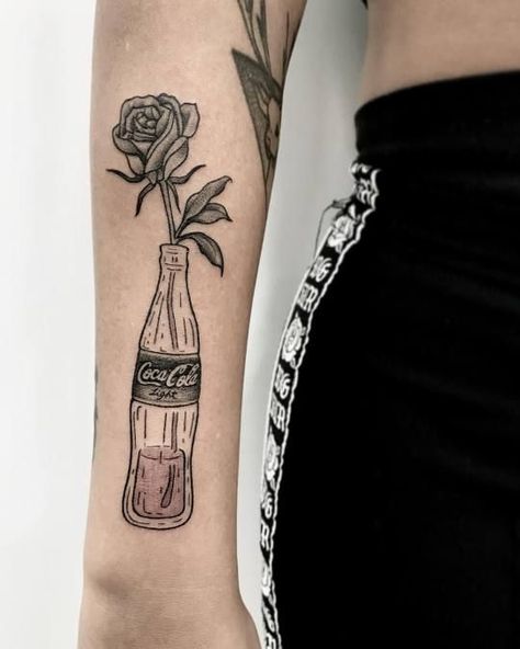 Unique Line Work Tattoos, Coke Bottle Tattoo, Flowers In A Vase Tattoo, Moms Tattoo, Anniversary Tattoo, Tattoos Photo, Private Tattoos, Bottle Tattoo, Single Needle Tattoo