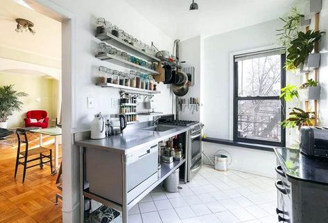 Small kitchen with open shelving glass jars stainless steel countertops Shelving Kitchen Ideas, Open Shelving Kitchen Ideas, Open Shelving Kitchen, Stucco House Colors, Kitchen Open Shelving, Steel Countertops, Kitchen With Open Shelving, Shelving Kitchen, Kitchen Open Shelves