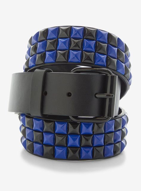 Take the classic studded belt look one notch further with this black and blue version. Comes with 3 rows of pyramid studs and features black hardware.XS: 25	XL: 41S: 29	2X: 45M: 33	3X:49L: 37	4X: 52Polyurethane; alloyImported Scene Belt, Disneyland 2024, Scene Clothes, Studded Belts, Stud Belt, Scene Accessories, Goth Accessories, Scene Outfits, Xmas List