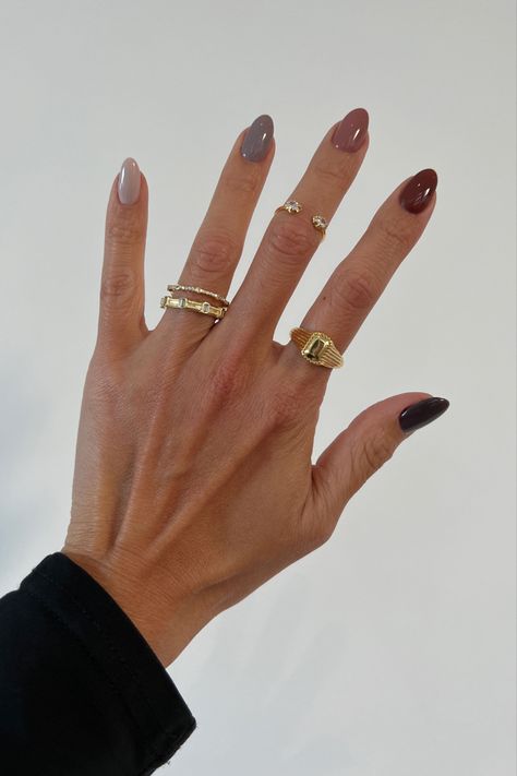 Multiple neutral color fall nails  with gold rings. Different Nail Colors On Each Nail Fall, Autumn Nails Multi Color, Multi Colored Nails Neutral, Multi Colored Neutral Nails, Neutral Nails Multi Color, Fall Nails Mismatched, Fall Nails 2 Colors, Mismatch Nail Colors, Fall Nails Multiple Colors