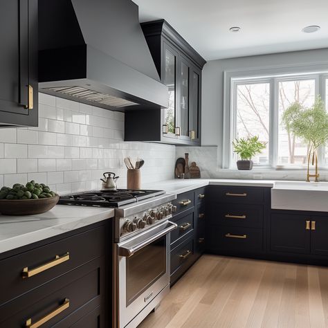 **Add some marble countertops** Black Cabinets Kitchen Marble Counter, Marble Subway Tile Backsplash Black Counter, Black Cabinet Marble Top, Black Counter Marble Backsplash, Honed Black Marble Countertops, French Bistro Kitchen, Heritage Kitchen, Bistro Kitchen, White Subway Tile Backsplash