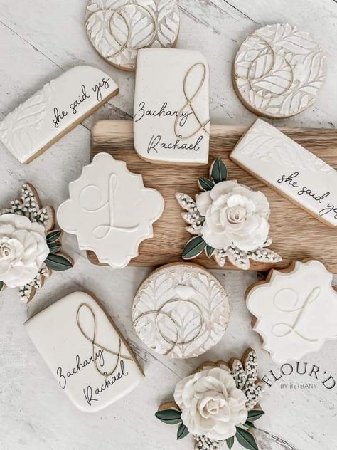 Wedding Anniversary Cookies Decorated, Engagement Decorated Cookies, Winter Wedding Cookies Decorated, 25th Anniversary Cookies, Engagement Sugar Cookies Decorated, Love Is Brewing Cookies, Fancy Bridal Shower Ideas, Winter Wedding Cookies, Fall Bridal Shower Cookies