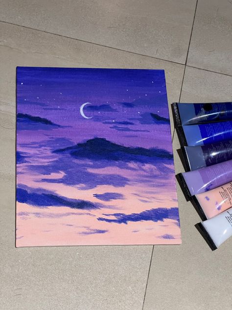 Purple Sunset Painting, Night Sky Drawing, Drawing Sky, Sky Paintings, Painting Purple, Sky Anime, Blue Sunset, Purple Sunset, Yellow Sky