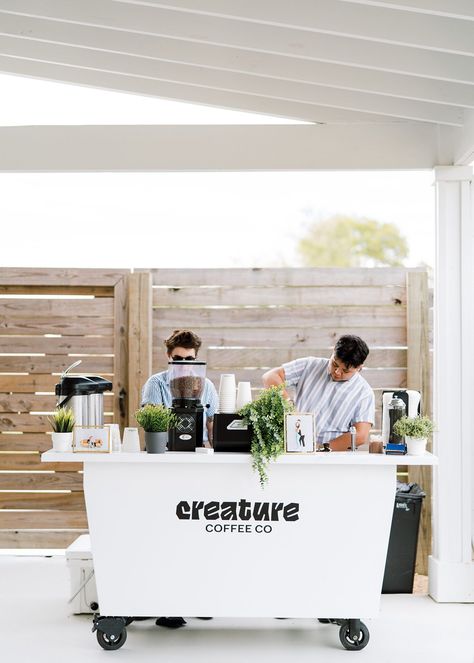 Coffee Booth Ideas, Coffee Stand Wedding, Mobile Coffee Bar Wedding, Wedding Coffee Cart, Coffee Cart Wedding, Mobile Barista Coffee Carts, Coffee Stand Ideas, Coffee Catering Cart, Coffee Cart Ideas