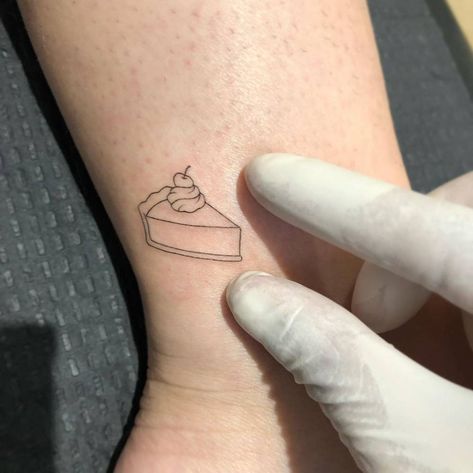 Pumpkin Pie Tattoo Ideas, Small Pie Tattoo, Piece Of Pie Tattoo, American Pie Tattoos, Key Lime Pie Tattoo, Tiny Cake Tattoo, Slice Of Pie Tattoo, Small Cake Tattoo, Food Related Tattoos