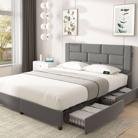 Amazon.com: VECELO King Upholstered Bed Frame with USB Ports, Velvet Platform Bed with 4 Storage Drawers and Headboard, Solid Wood Slats, No Box Spring Needed, Dark Grey : Home & Kitchen Velvet Bed Frame With Storage, Bed Frame For Queen Size Bed, King Size Bed Frames, Velvet Platform Bed, Tidy Bedroom, Queen Size Bed Frame, Wire Netting, Bed Frame With Drawers, King Upholstered Bed