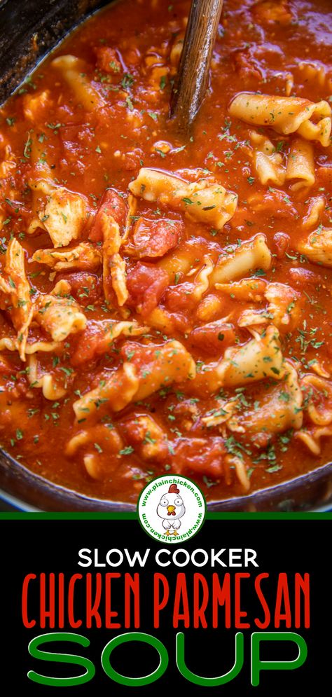 Slow Cooker Chicken Parmesan Soup - I wanted to lick the bowl this was so delicious!! Chicken, garlic, onion, Italian seasoning, tomato paste, tomato sauce, diced tomatoes, chicken broth, spaghetti sauce and pasta. Everything cooks in the slow cooker! SO easy. Top the soup with some mozzarella and ricotta. Great with some crusty garlic bread! #slowcooker #chicken #soup #italian Chicken Parmesan Soup Recipe, Chicken Parmesan Soup, Slow Cooker Chicken Parmesan, Parmesan Soup, Chicken Garlic, Plain Chicken, Soup Recipes Slow Cooker, Crockpot Dishes, Crock Pot Slow Cooker