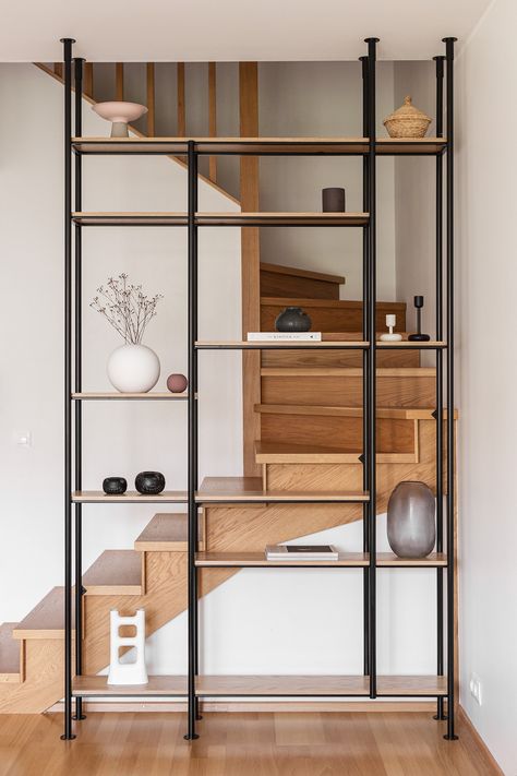 Ladder Room Divider, Shelves Divider, Partition Shelves, Room Divider Shelves, Wall Partition Design, Wall Partition, Metal Shelving Units, Stairway Design, Living Room Partition Design