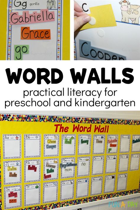 Word walls are a must for every preschool, kindergarten, or homeschool classroom! They're great to help children learn words. Kids are able to reference the words when writing, which gives students independence and problem solving skills. The words are also a great reference when reading, allowing children to make connections to the books they read. Words For Preschoolers Learning, Preschool Word Wall Ideas, Preschool Word Walls, Word Wall Kindergarten, Vocabulary Wall, Preschool Language Arts, Classroom Word Wall, Play Preschool, Preschool Language