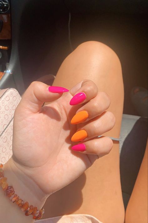 #hotpink #hotpinknails #orange #orangenails #orangenailpolish #summer #summernails #summernailart #summernailcolors #summernailsacrylic #summernailsinspiration #almondnails Bright Multicolor Nails, Cute Summer Nails Pink And Orange, Pastel Orange Nails Almond, Pink And Orange Acrylics, Orange Summer Nails Almond, Summer Nails Hot Pink And Orange, Summer Pink And Orange Nails, Pink And Orange Nails Almond, Pinky Orange Nails