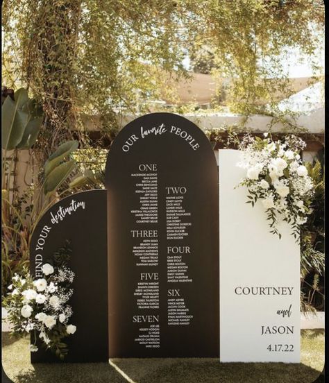 Seating Chart Wedding Our Favorite People, Black Arch Wedding Sign, Wedding Sign And Seating Chart, Seating Chart Black And White, Wedding Signage Black And White, Wedding Seating Charts Ideas, Arch Seating Chart Wedding, Wedding Welcome Sign And Seating Chart, Black And White Wedding Welcome Sign