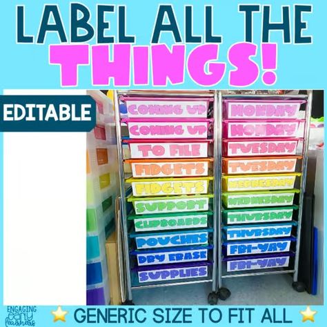 Rainbow Editable & PreMade Labels | Rainbow Cart | Sterilite Drawers | Labels Rainbow Cart Organization Classroom, Cart Storage Ideas, Sterilite Drawers, Drawer Cart Labels, Rainbow Labels, Organize Desk, Cart Organization, Organization Classroom, Drawer Cart