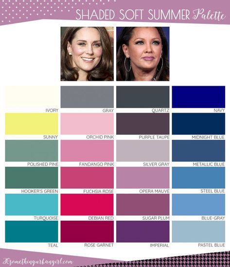 Best colors for Shaded Soft Summer seasonal color women; Shaded Soft Summer color palette Shaded Soft Summer, Color Analysis Summer, Cool Summer Palette, Soft Summer Palette, Soft Summer Color Palette, Dark Summer, Soft Summer Colors, Summer Palette, Summer Color Palette