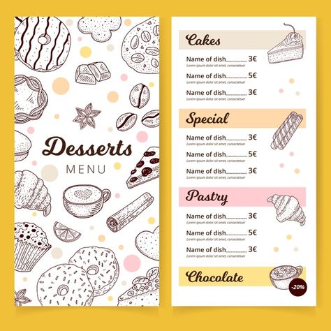 Delicious desserts menu template Free Ve... | Premium Vector #Freepik #vector #food Dessert Menu Ideas, Dessert Menu Design Ideas, Dessert Menu Design, Dessert Menu Template, Menu Design Ideas, Menu Design Layout, Colorful Restaurant, Dessert Design, Menu Design Inspiration