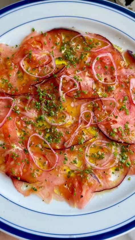 Jordon Ezra King | Tomato Carpaccio - for when those good good summer tomatoes appear 🍅 It’s pretty straightforward: (1/2 a big tomato will make a carpaccio … | Instagram Tomato Carpaccio Salad, Raw Tomato Recipes, Vegetarian Carpaccio, Tomato Carpaccio, Beetroot Carpaccio, Big Tomato, Good Summer, Lunch Recipes Healthy, Wine Vinegar