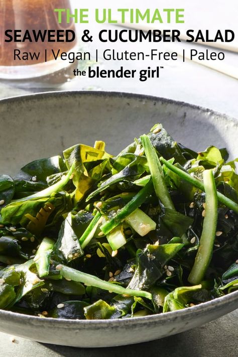 Cucumber Seaweed Salad - The Blender Girl Recipe Using Lemons, Quick Easy Vegan, Sea Vegetables, Japanese Cooking, Cucumber Salad, Wheat Free, Yummy Sides, Seaweed Salad, Fresh Ginger