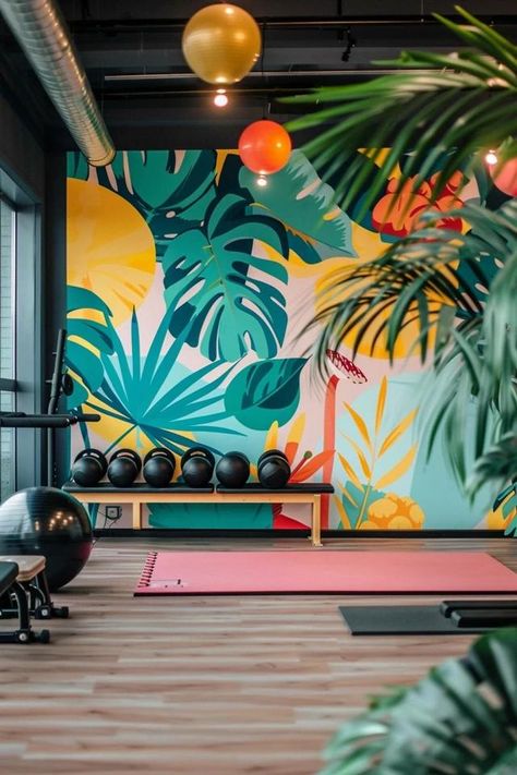 Inspiring Gym Wall Painting Ideas for Your Space Home Gym Wall Paint Ideas, Gym Mural, Gym Mural Wall Art, Office Paint, Gym Wall Decor, Backyard Balcony, Playful Decor, Eclectic Furniture, Gym Decor