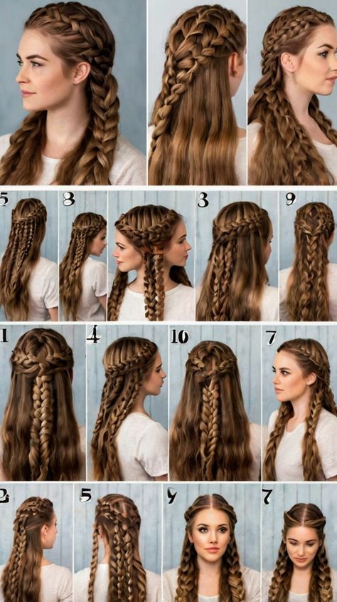 how to do viking braids hairstyles Norwegian Braids, Step By Step Braids, How To Do Braids On Yourself, Viking Hair Braids, Viking Braids Tutorial, How To Braid Your Own Hair For Beginners, Elvish Hairstyles, Viking Braids Hairstyles, Braids Hairstyles Tutorials