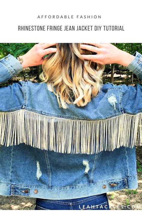 How To Sew Fringe On Jacket, How To Make A Fringe Jean Jacket, Adding Fringe To Jean Jacket, Fringe Jean Jacket Diy, Add Fringe To Jean Jacket, Diy Fringe Denim Jacket, Bedazzled Denim Jacket Diy, Diy Denim And Diamonds Outfit, Diy Western Fringe Shirt