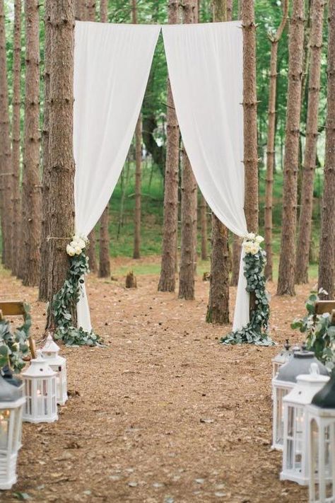 Want to make a grand entrance? Make the perfect outdoor entryway with long drapes hanging for your big reveal.Related: 100 Beautiful Outdoor Wedding Ceremonies Rustic Forest Wedding, Forest Wedding Ceremony, Wedding Hacks, Rustic Wedding Decorations, Wedding Ceremony Ideas, Wedding Decorations On A Budget, Beautiful Outdoor Wedding, Wedding Ceremony Backdrop, Rustic Wedding Diy