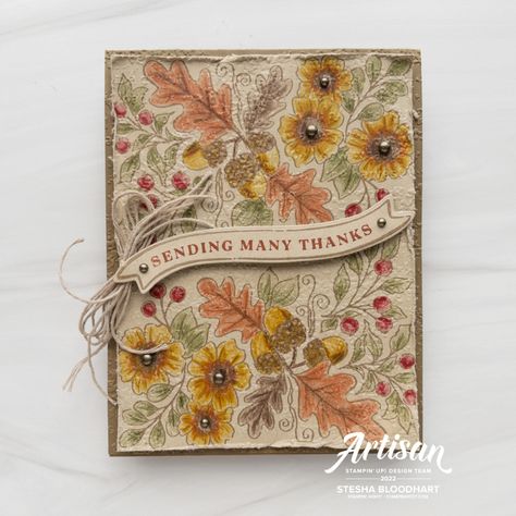 Create this Sending Many Thanks Card using the Fond of Autumn Bundle by Stampin' Up! Colored with Watercolor Pencils. Stesha Bloodhart Stampin' Hoot! Fond Of Autumn, Stampin Pretty, Autumn Cards, Holiday 2022, Leaf Cards, Thanks Card, Fall Mini, Many Thanks, Christmas 2022