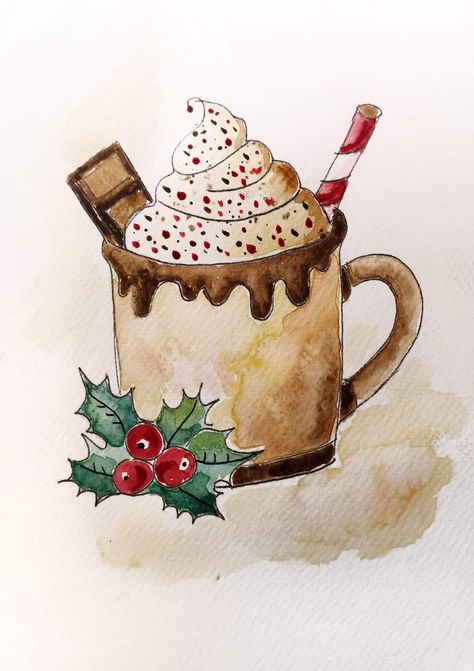 Hot Cocoa Watercolor, Watercolor Candy Cane, Hot Chocolate Painting, Hot Chocolate Watercolor, Cute Christmas Drawings, Hot Chocolate Drawing, Beginners Watercolor, Harry Potter Art Drawings, Something Funny