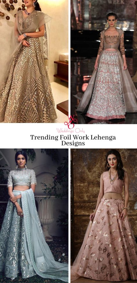 Foil work lehenga is in high demand nowadays. The beautiful shiny foil makes the lehenga unique. Foil work lehengas add more charm to your look that you cannot take your eyes away from these lehengas. #weddingoutfitideas #weddingdecor #indianweddingideas #bridaloutfit #indianweding #indianbride #bridalwear #bridaloutfitinspiration #designerlehenga #foilworklehenga #foilprintlehenga #foillehenga Foil Work Dresses, Golden Work Lehenga, Foil Work Lehenga, Shiny Lehenga, Bridal Outfits Indian, Glamorous Fitted Embroidered Lehenga, Faraz Manan Lehenga, Lehenga Ideas, Indian Wedding Ideas