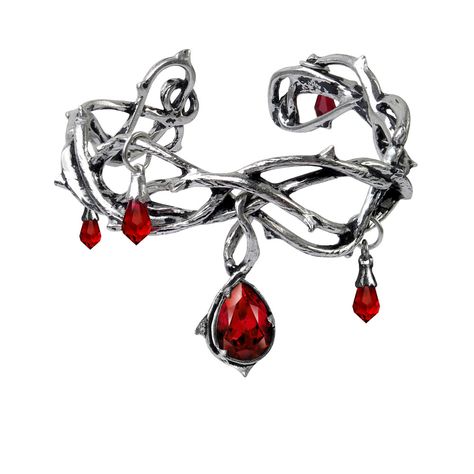 Alchemy Gothic Passion Teardrop Bracelet A tangled cuff of bloody thorns encrusted with drops of Swarovski crystal, signifying the tormented pains of grievous loss. An elegantly detailed bangle to add drama to any outfit A polished pewter bangle of tangled thorns, with red Swarovski crystal blood droppers. Approximate Dimension: Width 3.03" x Height 2.17" x Depth 2.68" Material: Fine English Pewter with Swarovski Elements One size, Adjustable covering from Small to Large. Small 6" - 7.5" circumf Vampire Victorian, Alchemy Gothic Jewelry, Crystal Jewelry Diy, Red Bangles, Blood Drop, Gothic Bracelet, Alchemy Gothic, Gothic Shop, Sea Glass Bracelet