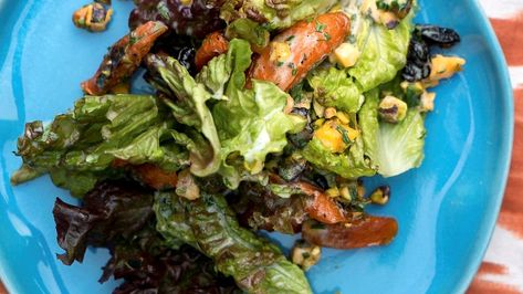 Roasted Carrots and Red Leaf Lettuce Salad with Buttermilk Herb Dressing Recipe | Katie Lee | Food Network Red Leaf Lettuce Salad, Herb Dressing Recipe, Herb Dressing, Pistachio Salad, Red Leaf Lettuce, Leaf Lettuce, Lettuce Salad, Carrot Salad, Chopped Carrots