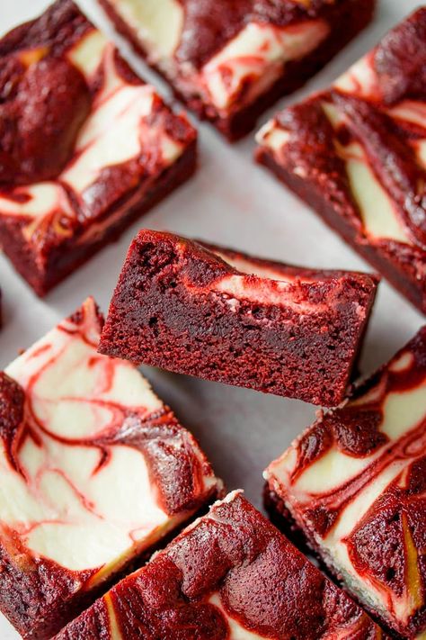 These fudgy brownies are perfect for chocolate lovers! Rich red velvet chocolate brownies get swirled with a tangy cheesecake for the ultimate dessert. Red Velvet Cheesecake Brownies, Velvet Brownies, Red Velvet Brownies, Velvet Cheesecake, Red Velvet Cheesecake, Cheesecake Brownies, Holiday Dessert, Fudgy Brownies, Vegan Sweets