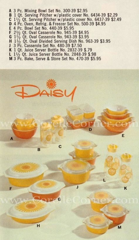 Daisy Pyrex with Price List Daisy Pyrex Set, Pyrex Advertisement, Daisy Pyrex, Pyrex Display, Vintage Pyrex Patterns, Retro Kitchen Accessories, Vintage Pyrex Dishes, Pink Pyrex, Pyrex Patterns